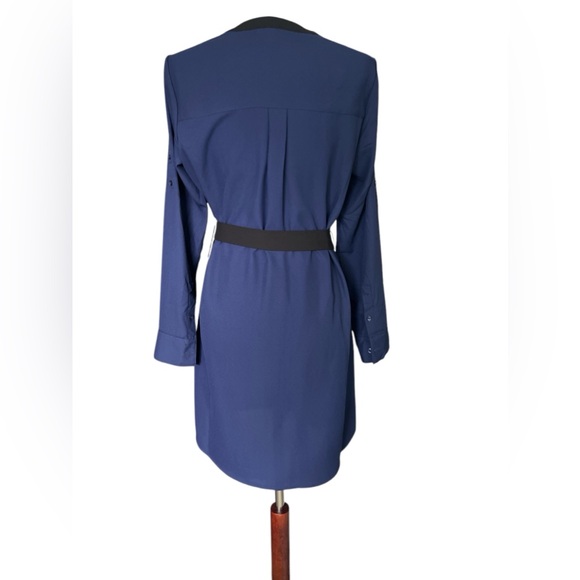 Blue EXPRESS Roll Up Sleeve Dress With Black Trim & Ribbon Belt ~ Size S #003 - Picture 2 of 4